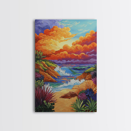 Seaside Sunset, Cliff, Dramatic Clouds Framed Canvas Print, Vibrant Ocean Wall Decor, Bathroom Beach Art, Coastal Expressionism