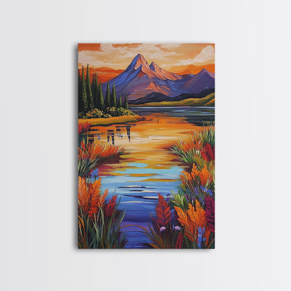 Mountain Autumn, River, Vibrant Reflection Canvas Print, Nature Wall Decor, Cabin or Lodge Living Room Art, Fall Landscape Style