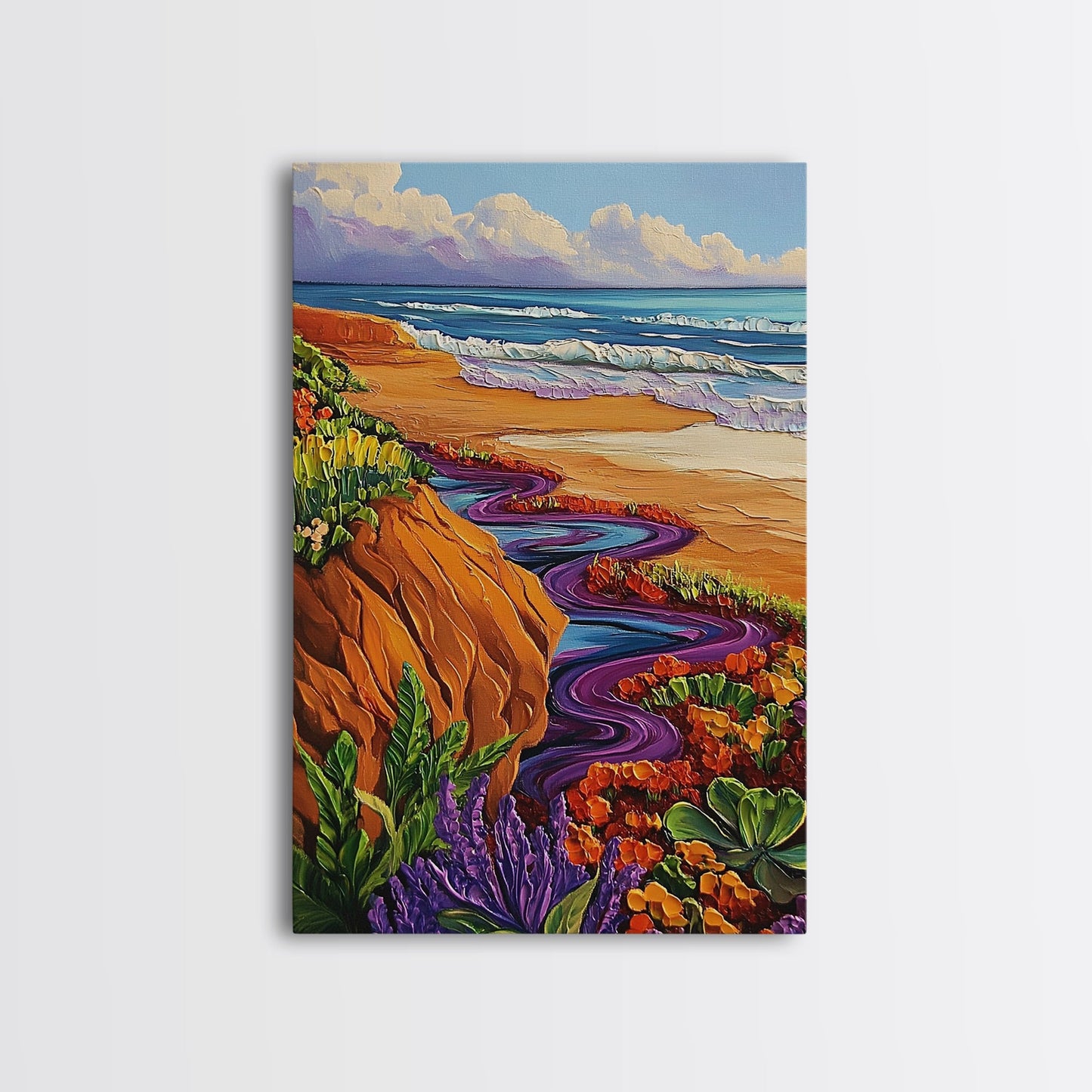 Ocean Cliffside, Floral, Seascape, Framed Canvas Print, Coastal Nature Wall Art, Bold Botanical Beach Decor, Bathroom Accent Piece