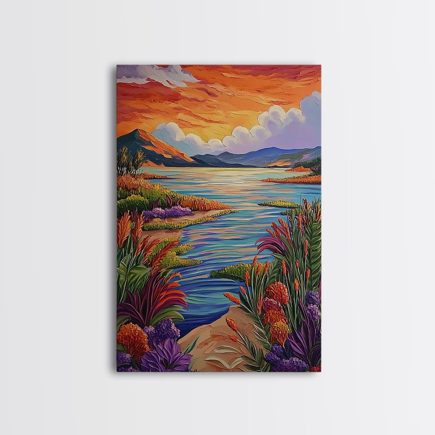 Lake Sunset, Wildflowers, Peaceful, Framed Canvas Print, Serene Nature Wall Art, Bedroom or Living Room Decor, Vibrant Landscape Style