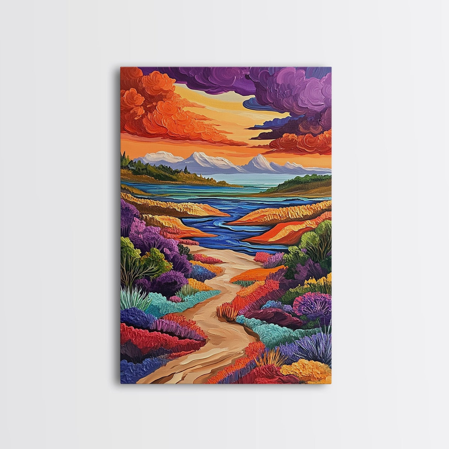 Mountains River, Clouds, Autumn, Framed Canvas Print, Bold Fall Landscape Art, Cozy Cabin Decor, Nature Lover Living Room Accent