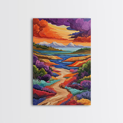 Mountains River, Clouds, Autumn, Framed Canvas Print, Bold Fall Landscape Art, Cozy Cabin Decor, Nature Lover Living Room Accent