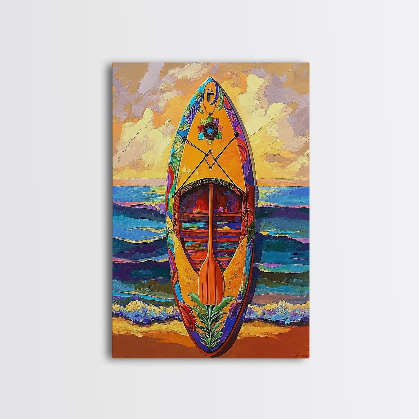 Yellow Surfboard Art, Vibrant Paddle Print, Colorful Beach Decor, Coastal Ocean Wall, Framed Canvas Print, Bathroom Wall Art, tropical art
