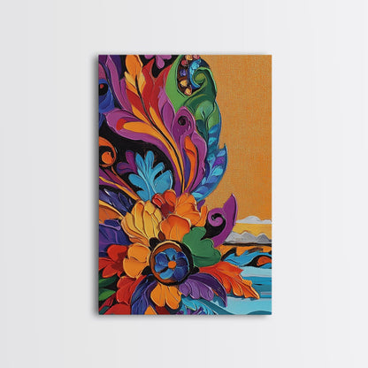 Fiesta Flower, Southwest Pattern, Mexican Style, Bright Floral, Framed Canvas Print, Kitchen Wall Art, folk boho art, vibrant decor