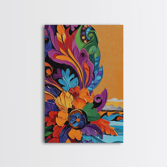 Fiesta Flower, Southwest Pattern, Mexican Style, Bright Floral, Framed Canvas Print, Kitchen Wall Art, folk boho art, vibrant decor