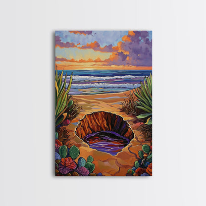 Desert Coast, Sunset Beach, Nature Hole, Surreal Art, Framed Canvas Print, Bedroom Wall Art, trippy boho decor, colorful landscape
