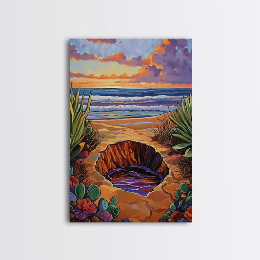 Desert Coast, Sunset Beach, Nature Hole, Surreal Art, Framed Canvas Print, Bedroom Wall Art, trippy boho decor, colorful landscape