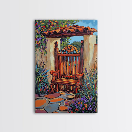 Garden Bench, Rustic Gate, Spanish Style Outdoor Art, Canvas Print, Colorful Garden Scene, Front Porch Wall Art, Fall Country Decor