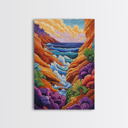 Wild Coast, Ocean Energy, Bold Waves, Colorful Rocks, Canvas Print, Eclectic Wall Art, Coastal Retreat Decor, Psychedelic Ocean Art