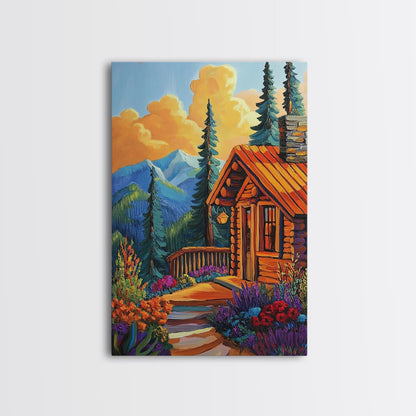 Cabin Escape, Fall Glow, Mountain Forest, Rustic Beauty, Canvas Print, Autumn Wall Art, Log Cabin Decor, Cozy Living Room Accent