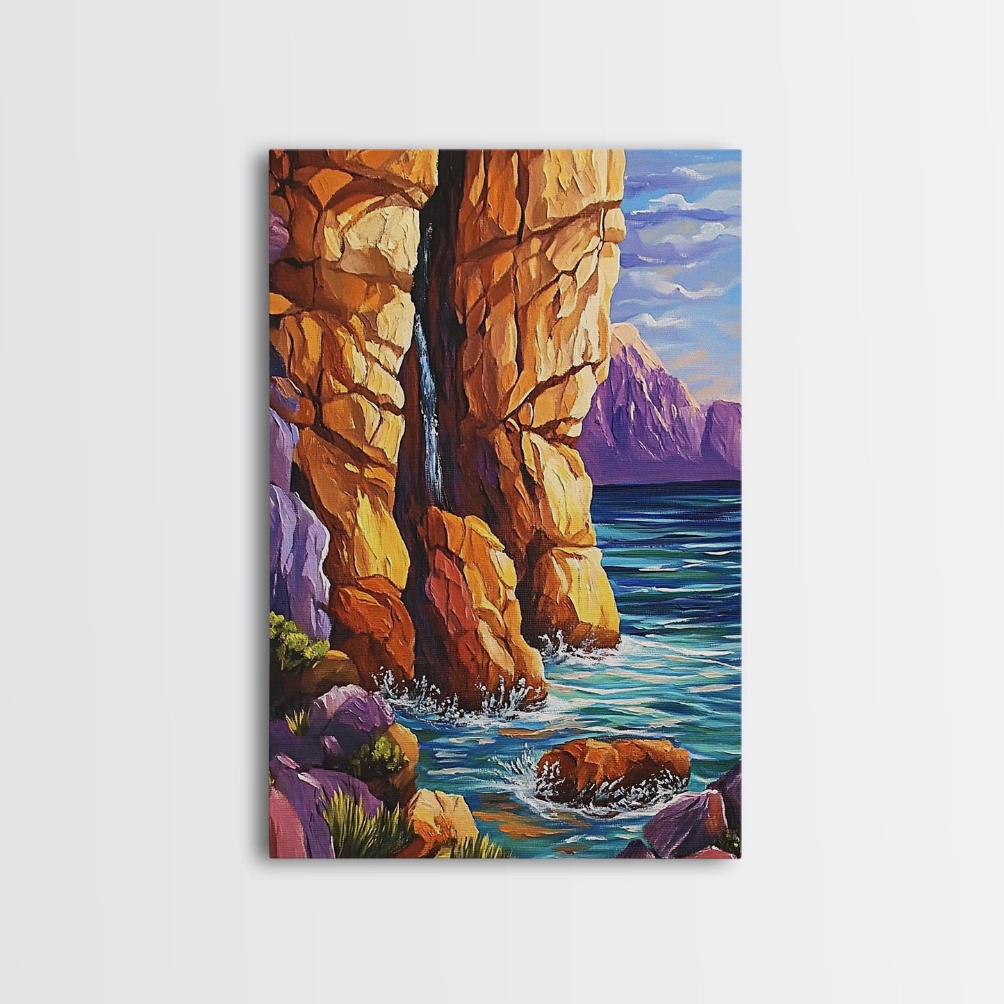 Canyon Waterfall, Ocean Cliffs, Nature Escape, Rugged Landscape, Fall Season Decor, Living Room Wall Art, Framed Canvas Print