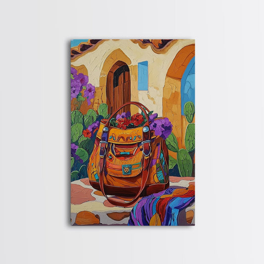 Saddle Bag, Desert Flowers, Southwest Style, Rustic Charm, Mexican Market Vibe, Entryway Wall Art, Framed Canvas Print, Colorful Boho Art