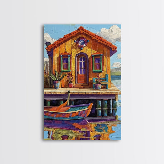 Lakehouse Boat Cottage Painting, Framed Canvas Print, Coastal boho wall art, lakeside home decor, rustic nautical kitchen art