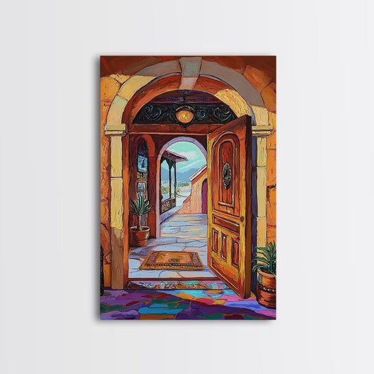 Open Doorway, Mountain View, Rustic Charm, Colorful Entry Art, Mediterranean Villa Vibe, Boho Home Decor, Framed Canvas Print