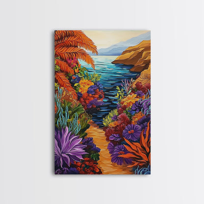 Hidden Cove, Ocean Trail, Botanical Beauty, Colorful Path, Framed Canvas Print, tropical jungle painting, hallway wall art, boho art