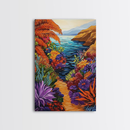 Hidden Cove, Ocean Trail, Botanical Beauty, Colorful Path, Framed Canvas Print, tropical jungle painting, hallway wall art, boho art
