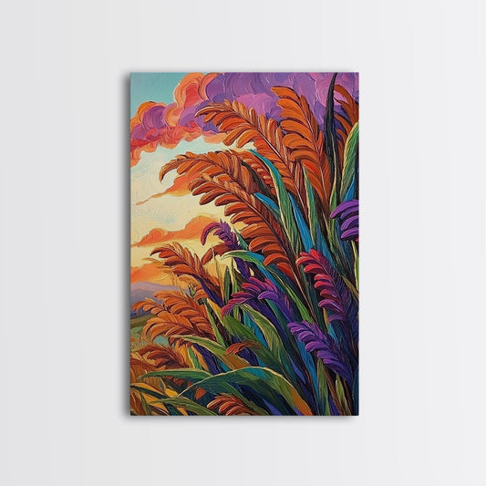 Autumn Leaves, Purple Sunset, Coastal Nature, Vibrant Colors, Framed Canvas Print, fall botanical wall art, living room accent, cottage core