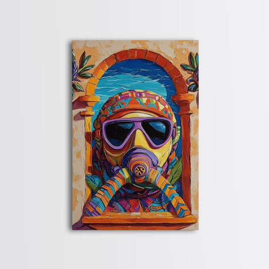 Diver Mask Portrait, Psychedelic Ocean Explorer, Street Art Style, Framed Canvas Print, Eclectic Studio Wall Art, Colorful Surreal Decor