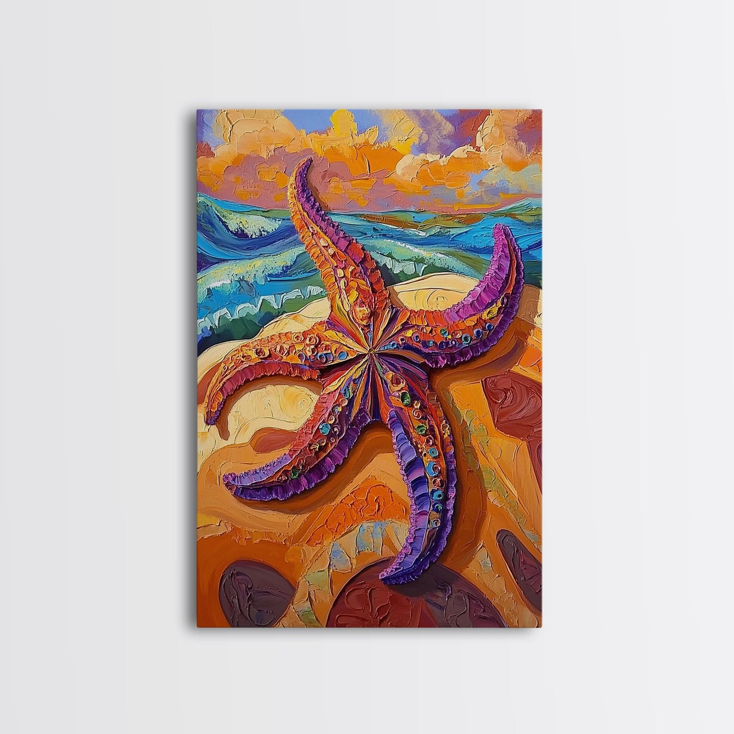 Starfish Closeup, Vibrant Shore, Ocean Texture, Coastal Beauty, Framed Canvas Print, Bathroom Wall Art, Beach House Decor, Seaside Boho Art