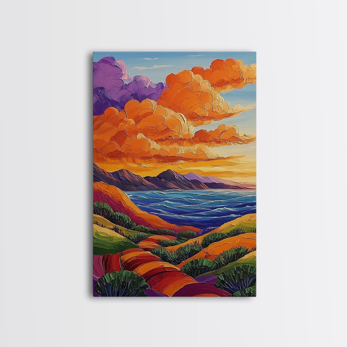 Coastal Hills, Sunset Path, Ocean View, Fiery Sky — Framed Canvas Print Autumn landscape painting, colorful kitchen wall art, boho decor