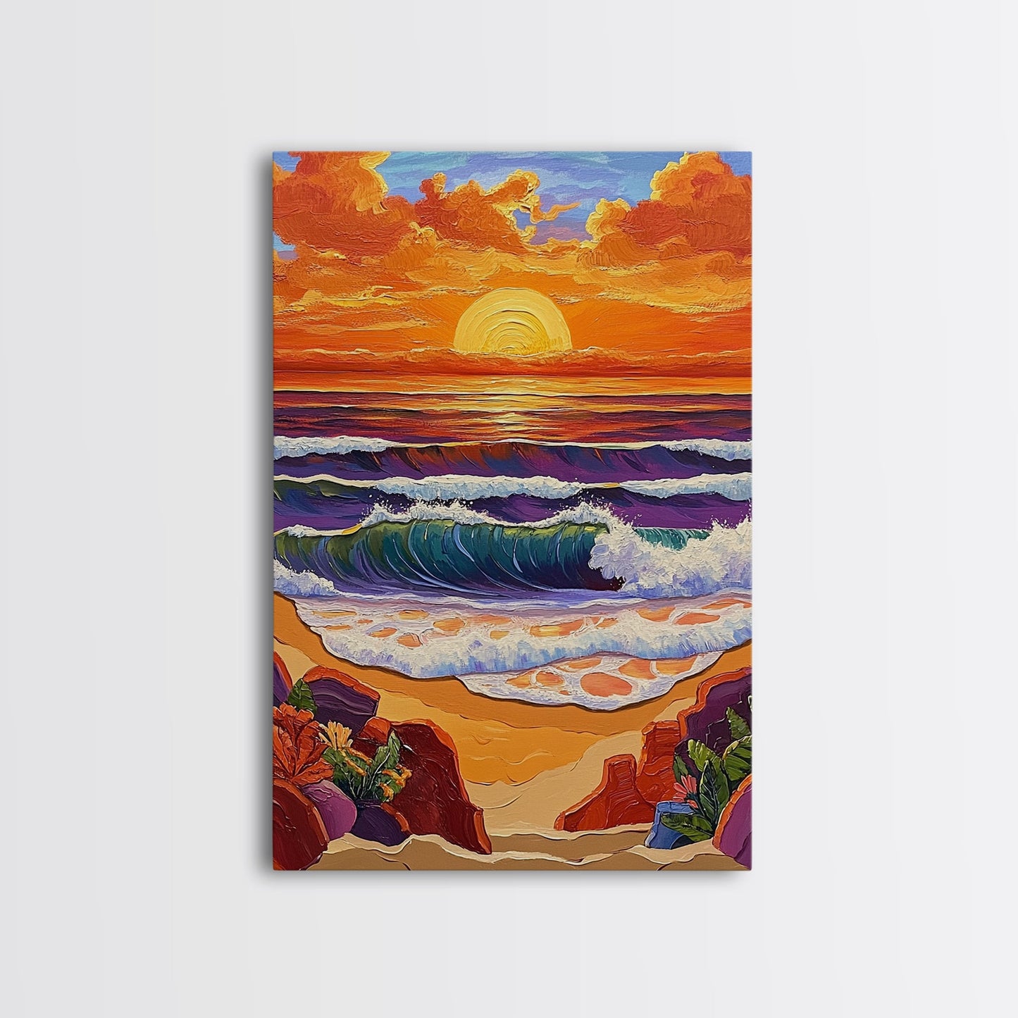 Sunset Beach, Crashing Waves, Golden Sky, Ocean Horizon — Canvas Print tropical landscape art, bathroom wall decor, modern beach vibe