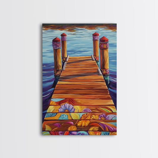 Painted Dock Scene, Vibrant Water Art, Lake House Decor, Canvas Print, Boho Coastal Wall Art, Summer Vibes, Nature Inspired