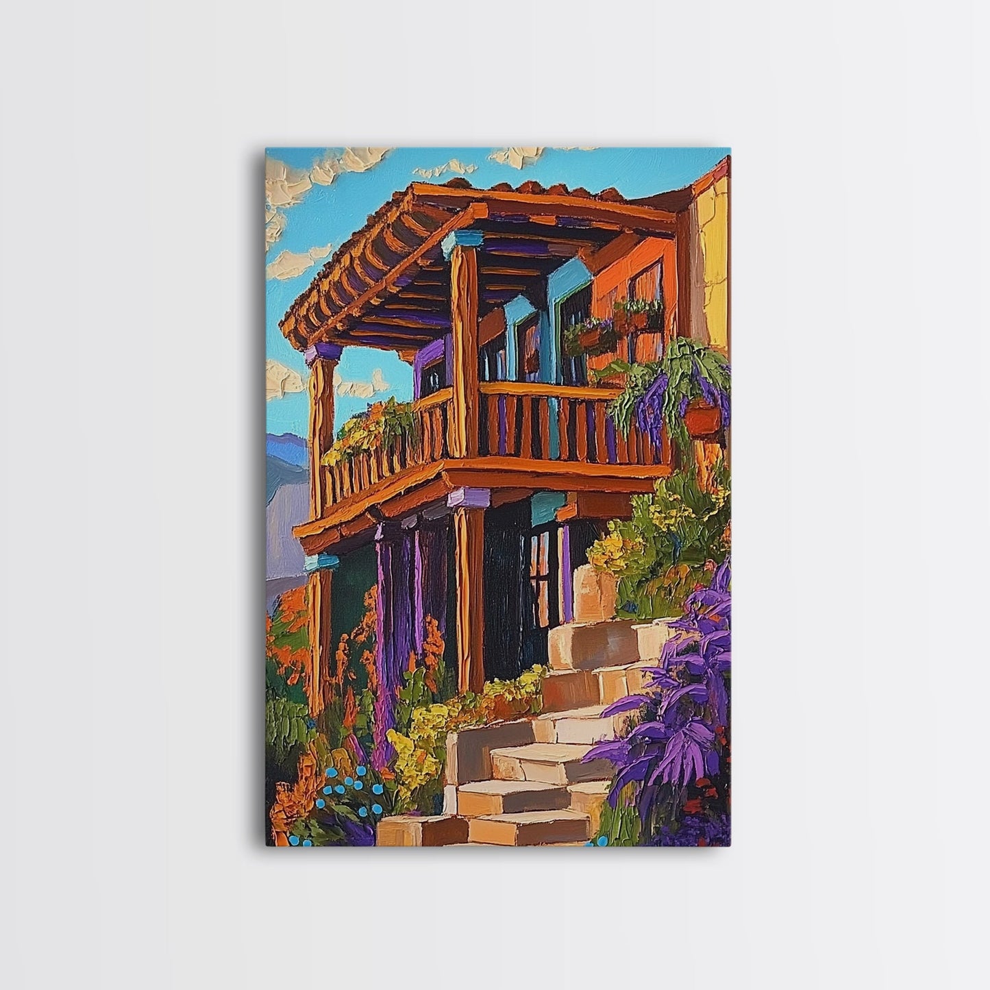 Rustic Balcony View, Desert Garden Colors, Southwest Home Art, Framed Canvas Print, Living Room Wall Art, Boho Summer Decor