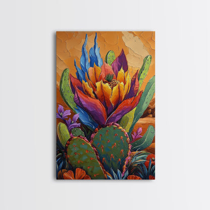 Cactus Blooming, Desert, Vivid, Framed Canvas Print bold southwest art, colorful desert cactus, southwestern home decor, kitchen wall art