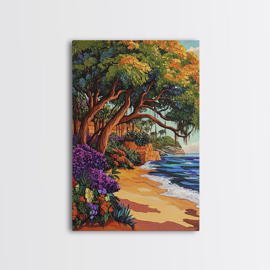 Tropical Tree Beach, Colorful Island Shoreline, Framed Canvas Print, Beach House Wall Art, Lush Seaside Decor, Boho Tropical Vibes