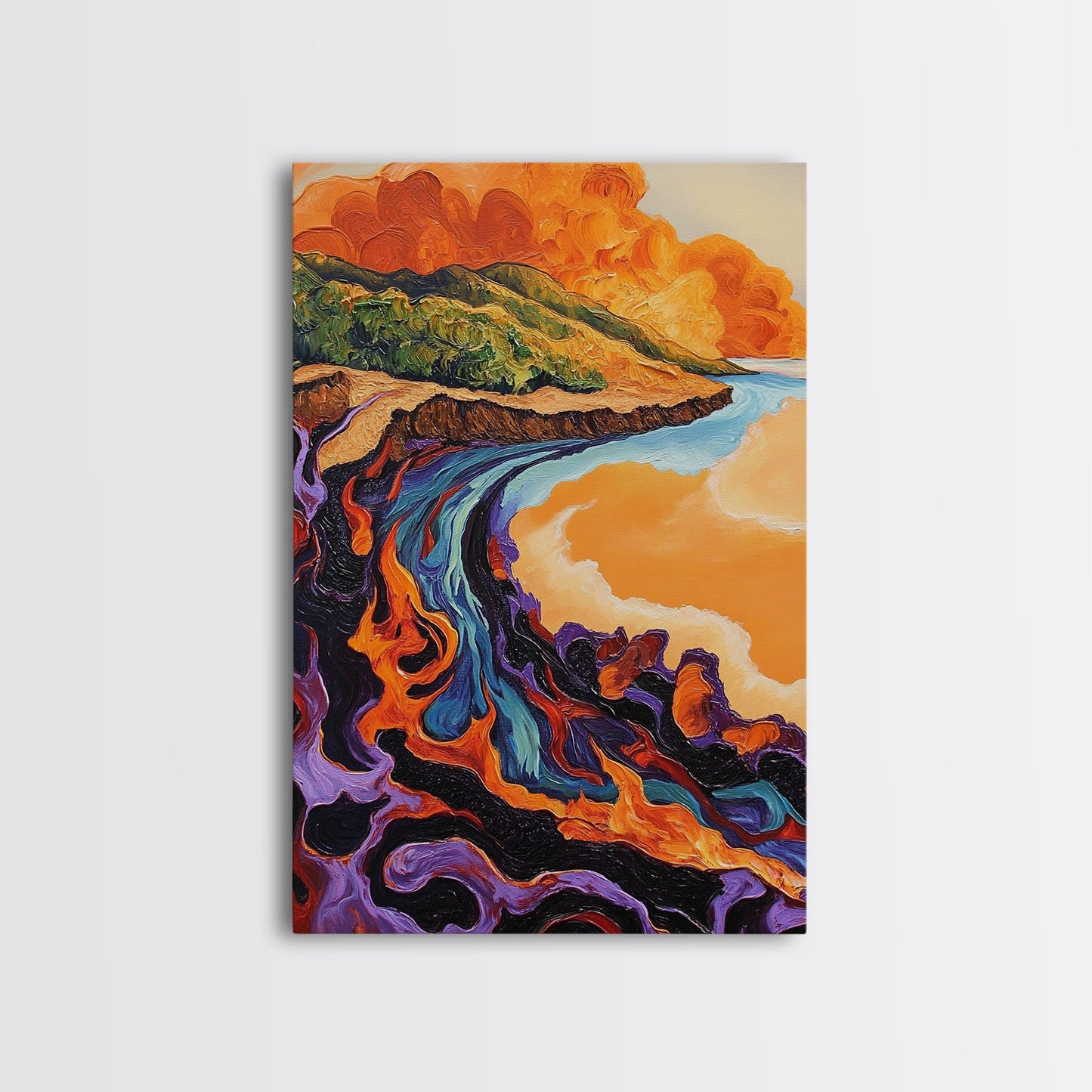 Lava Coastline, Molten Waves, Abstract Nature, Volcanic Scene, Framed Canvas Print, Fall Wall Art, Moody Decor, Earthy Abstract Art