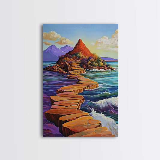 Island Pathway, Ocean Steps, Dreamy Seascape, Colorful Rocks, Framed Canvas Print, Hallway Wall Art, Coastal Home Decor, Zen Art