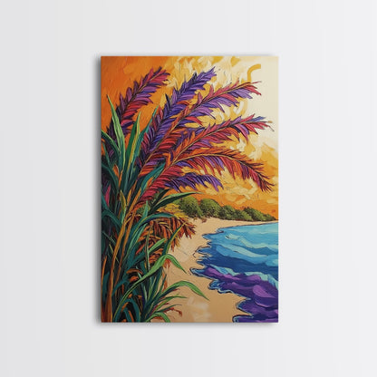 Vibrant Beach Grass, Sunset Ocean View, Coastal Wall Decor, Tropical Vibes, Framed Canvas Print, Summer Living Room Wall Art