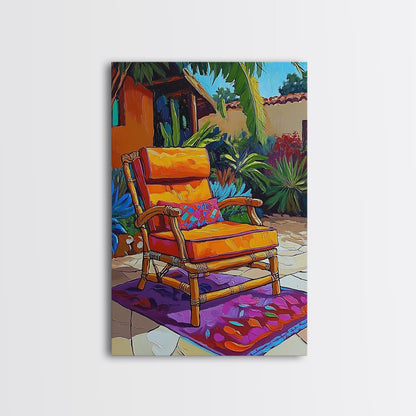 Chair Patio Palm, Tropical, Framed Canvas Print tropical garden wall art, colorful patio vibes, summer decor, boho sunroom wall art