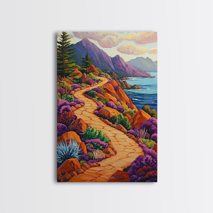 Winding Trail, Ocean Cliffs, Coastal Landscape, Mountain View, Framed Canvas Print, rustic wall art, cabin decor, colorful nature painting