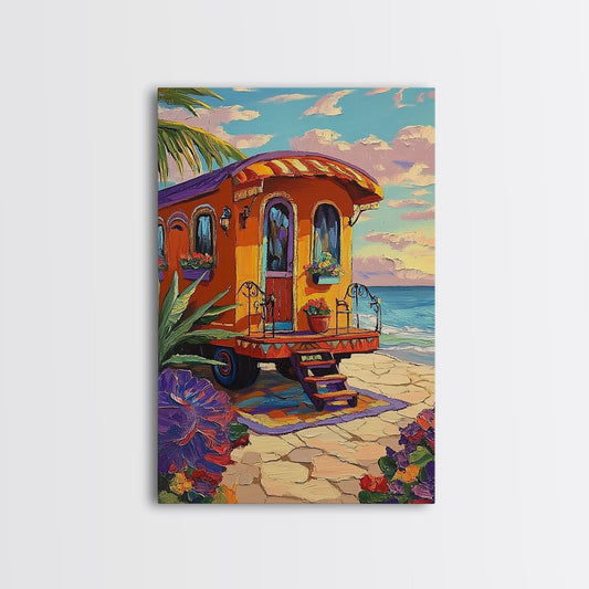 Seaside Cottage, Boho, Retreat, Canvas Print vibrant beach caravan artwork colorful nomad home decor bohemian coastal entryway wall art