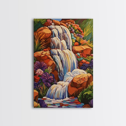 Waterfall Floral Nature, Vibrant Garden Scene, Framed Canvas Print, Boho Living Room Wall Art, Bold Botanical Decor, Cottagecore Aesthetic