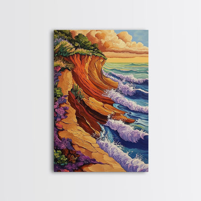 Waves Cliffs, Nature Surf, Canvas Print dramatic ocean surf painting, coastal boho landscape art, Living Room Wall Art, beachy decor