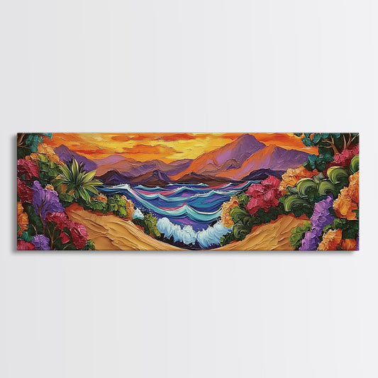 Tropical Sunset Cove, Vibrant Ocean Painting, Beach House Decor, Bold Nature Scene, Boho Living Room Canvas Print, Nature Painting