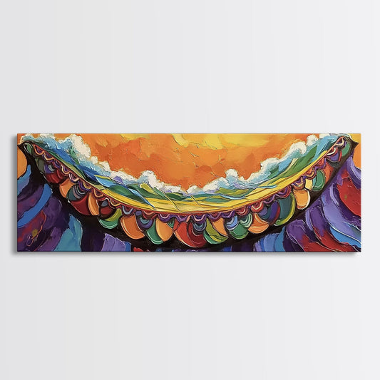 Carnival Wave, Festive Ocean, Playful Waters, Framed Canvas Print, beach bathroom art, coastal fun painting, surf wall decor