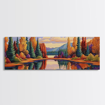Autumn Reflections Painting, Lakeside Forest Landscape, Fall Color Trees, Framed Canvas Print, Cabin Wall Art, Cozy Living Room