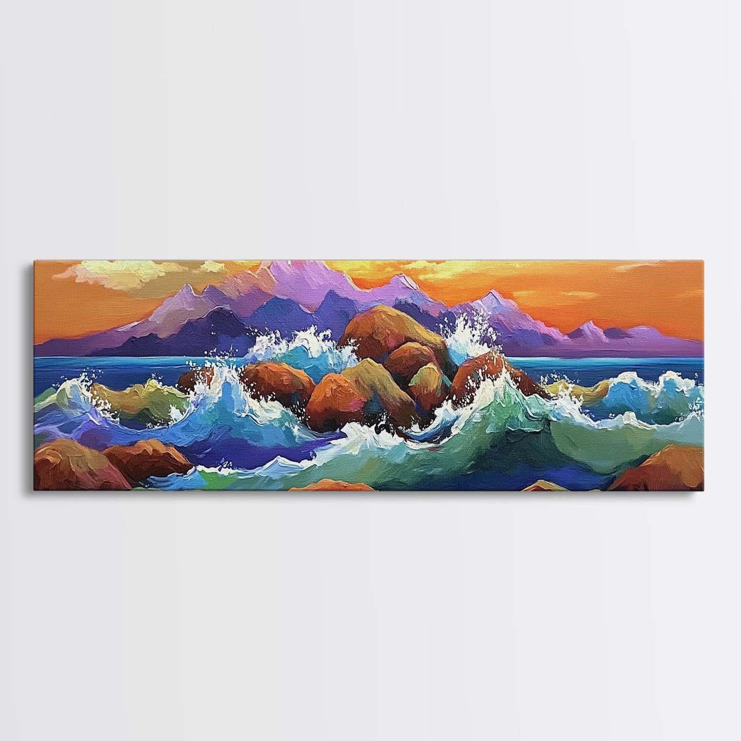 Coastal Rocks Waves, Sunset Ocean Painting, Colorful Seaside View, Framed Canvas Print, Nautical Wall Art, Living Room Decor