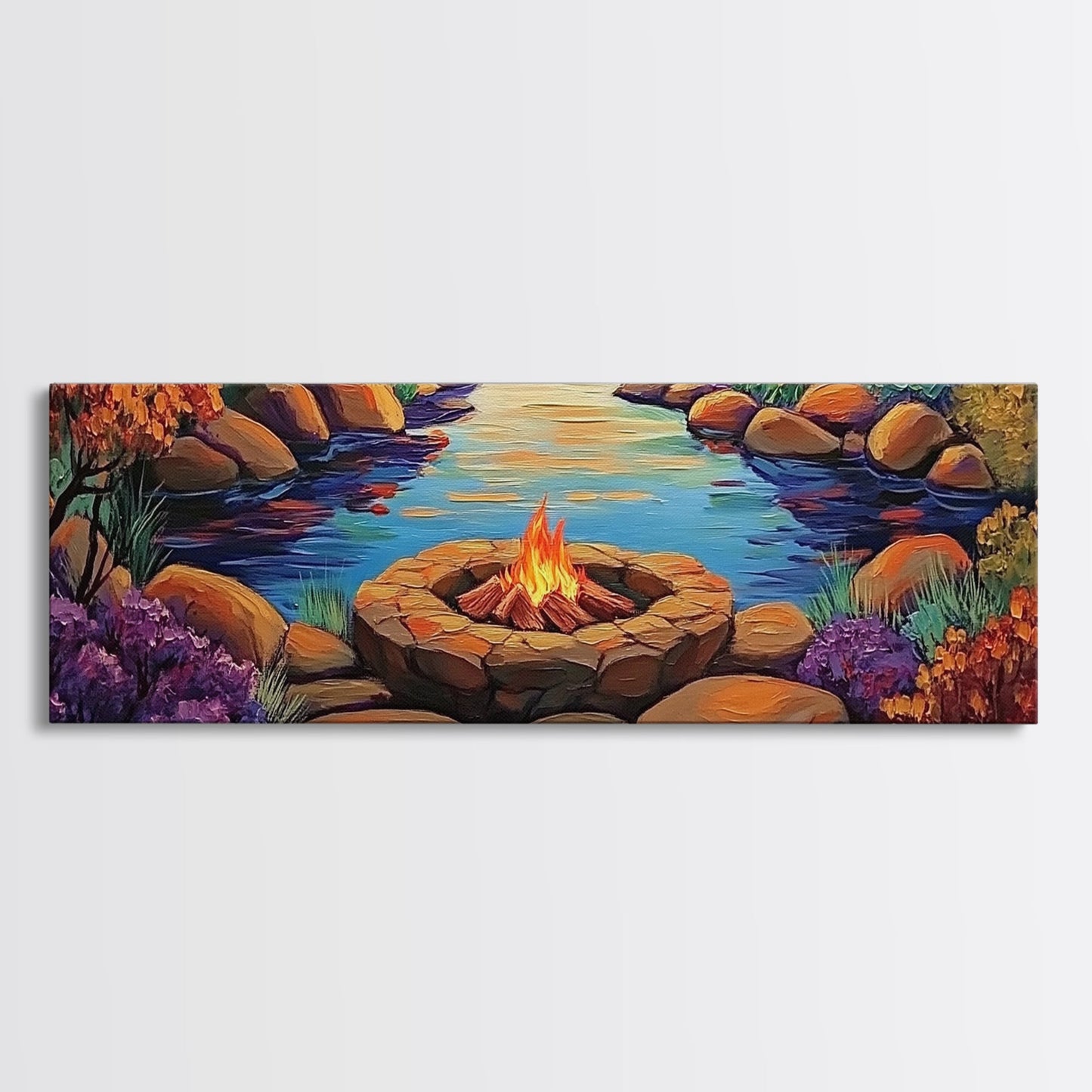Campfire by River, Autumn Glow, Cozy Outdoor Scene, Framed Canvas Print, fall landscape, rustic decor, lodge wall art, den artwork