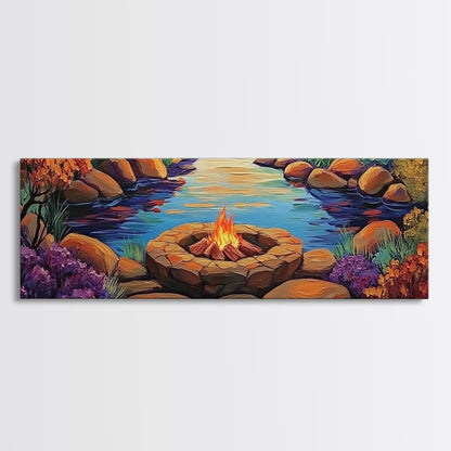Campfire by River, Autumn Glow, Cozy Outdoor Scene, Framed Canvas Print, fall landscape, rustic decor, lodge wall art, den artwork
