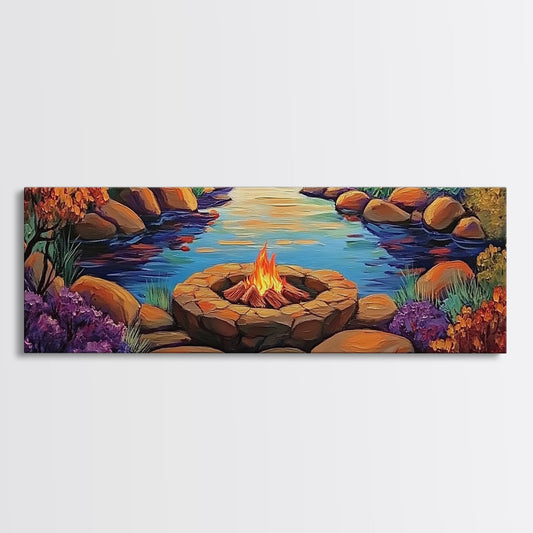 Campfire by River, Autumn Glow, Cozy Outdoor Scene, Framed Canvas Print, fall landscape, rustic decor, lodge wall art, den artwork