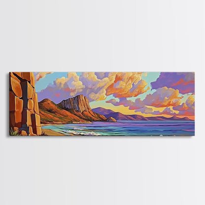 Sunset Beach View, Coastal Mountain Landscape, Peaceful Ocean Wall Art, Framed Canvas Print, Boho Bedroom or Living Room Decor