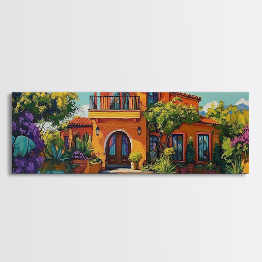 Spanish Villa, Garden Courtyard, Mediterranean Style Wall Art, Colorful Outdoor Decor, Framed Canvas Print, Kitchen Wall Accent