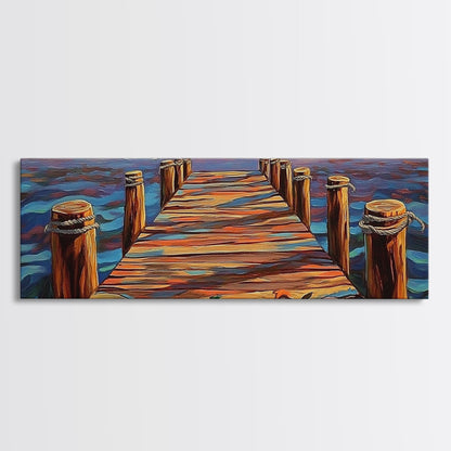 Wooden Dock Sunset, Ocean Pier Painting, Tranquil Seascape Decor, Nautical Beach House Style, Framed Canvas Print