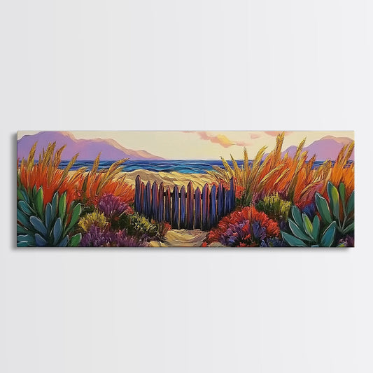 Beach Fence, Sunset Shore, Autumn Grass, Serene Dunes, Framed Canvas Print, Boho Coastal Art, Bedroom Tranquil Wall Decor
