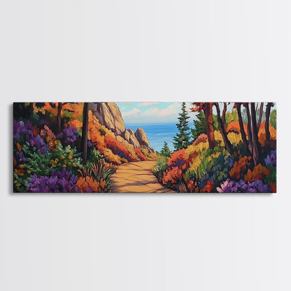 Coastal Forest Walk, Vibrant Landscape Painting, Ocean View Trail, Autumn Decor, Framed Canvas Print, Hallway Wall Art