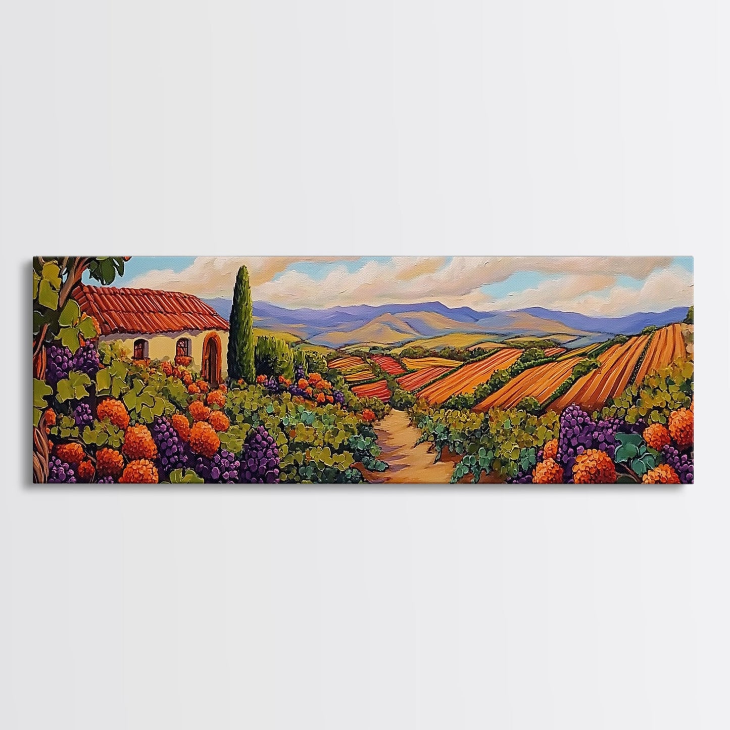 Autumn Vineyard Path, Rustic Countryside, Orange and Purple Art, Framed Canvas Print, Kitchen Wall Decor, Fall Landscape Painting